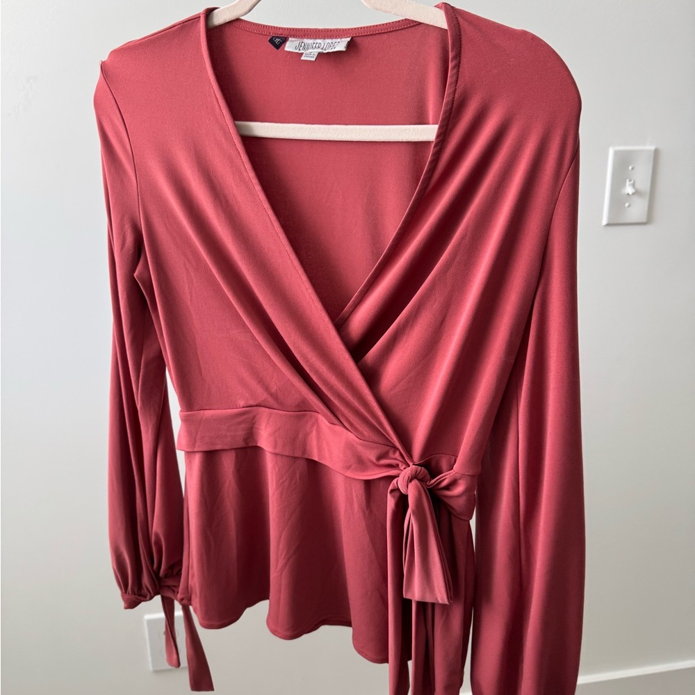 Jennifer Lopez Pink Wrap Blouse with Long Sleeves and Tie Front